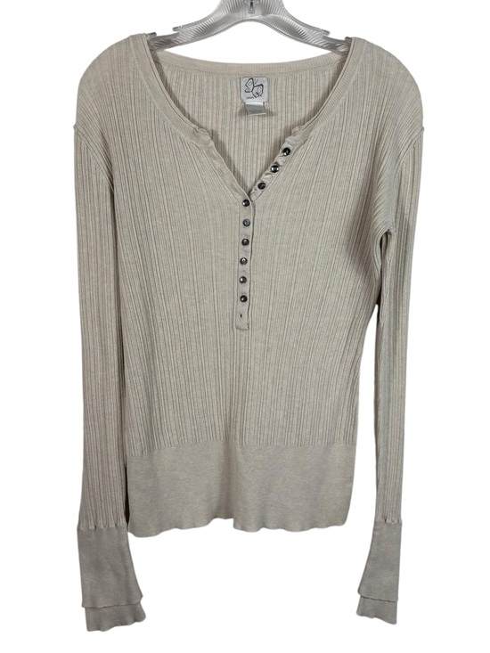 Fashion Bug Tops - Vintage Y2K Fashion Bug Cream Tan Fitted Ribbed Knit Henley Shirt Bella Swan L
